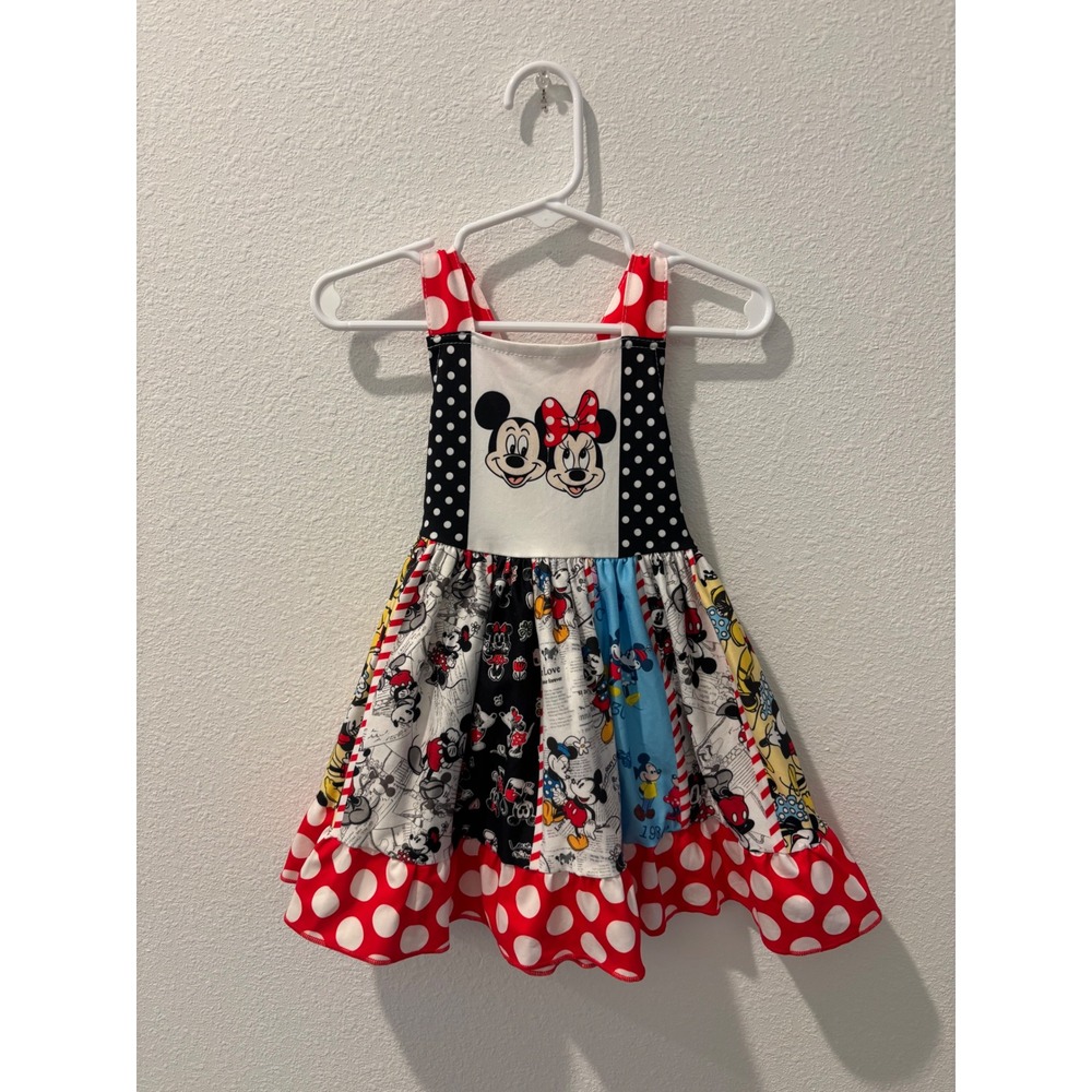 Disney Mickey Minnie Mouse Patchwork Polka Dot Dress XS 12-18M Red White Black